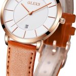 OLEVS Women's Watches for Ladies Female Wrist Watch Leather Band Waterproof Thin Minimalist Casual Simple Dress Quartz Analog with Date Calendar